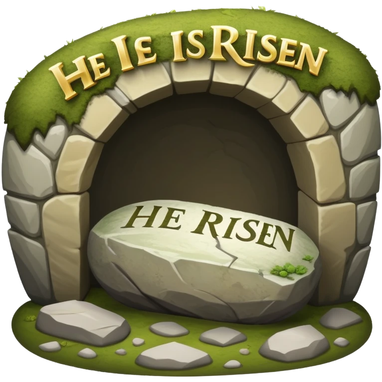 An empty tomb with stone rolled away and "He is risen" text emoji