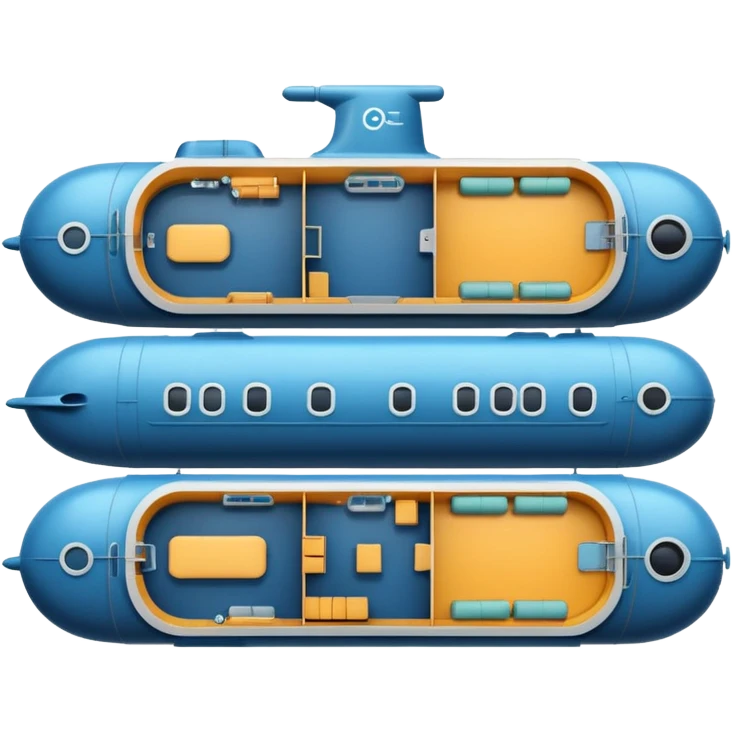 submarine floorplan, interior view, showing rooms and compartments, clear layout, top-down perspective, flat simple emoji style emoji
