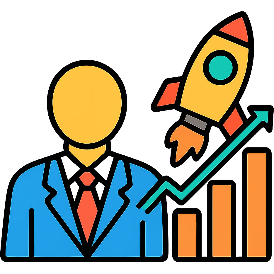Business person with rocket launch and upward trending chart emoji