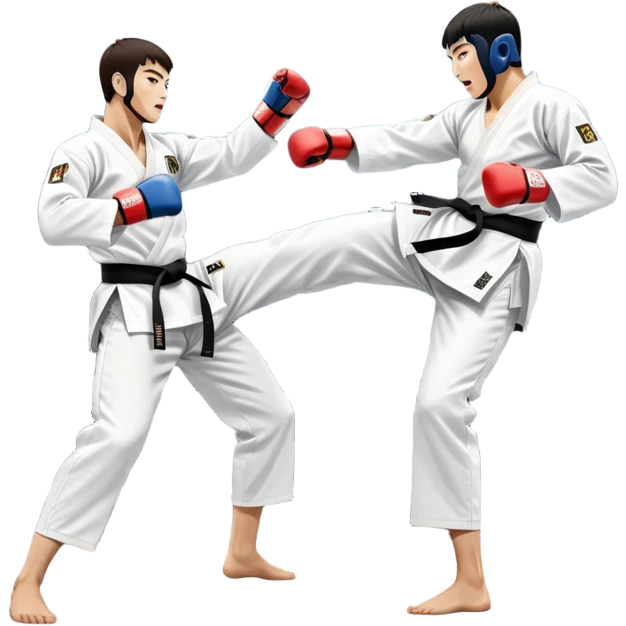 Two taekwondo fighters in traditional white doboks with black belts. One delivers a powerful kick, while the other defends by blocking with his knee. The background shows a professional arena with bright lights and an excited crowd. Transparent background highlights the intense action emoji