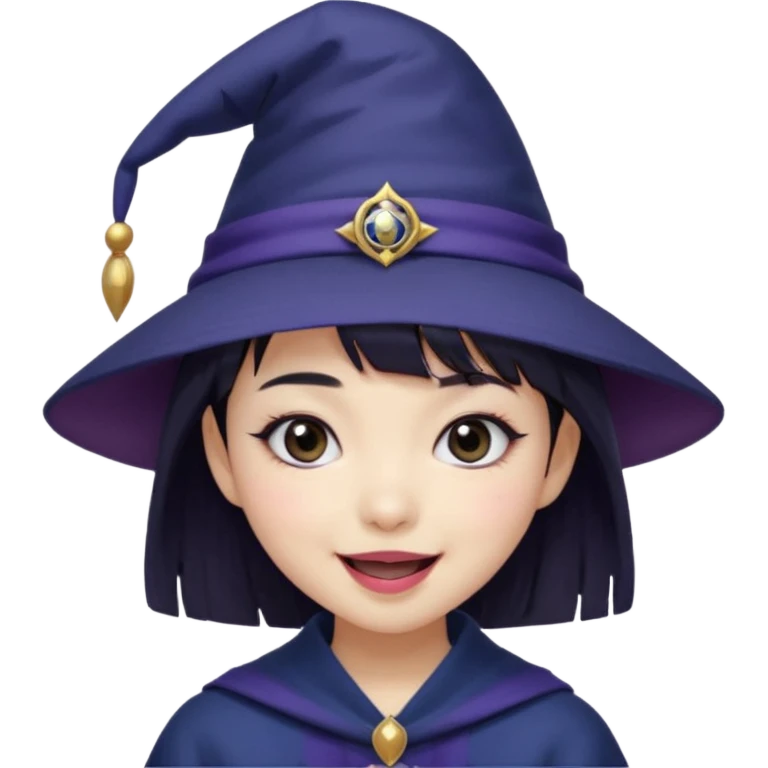 An Asian short-haired girl with short raven hair and bangs, with heterochromia eyed, eyeliner, and laughs with a tiny fang of mauve-toned lipstick, wears a dark navy wizard hat with an emblem on it. emoji