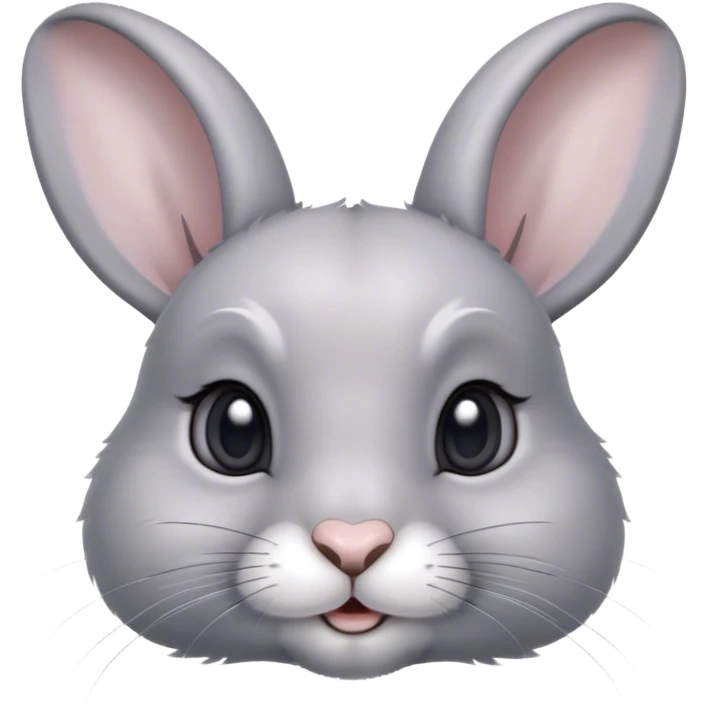 Cinematic Cute Grey Rabbit Portrait Emoji, Head tilted playfully and inquisitively, featuring a silky, smooth grey fur with soft, velvety textures, round, sparkling grey eyes filled with curiosity, Simplified yet irresistibly adorable features, highly detailed, glowing with a warm, friendly glow, high shine, affectionate and gentle, stylized with a touch of whimsy, bright and endearing, soft glowing outline, capturing the essence of a mischievous yet loving bunny, so playful it feels like it could hop out of the screen and into your arms! emoji