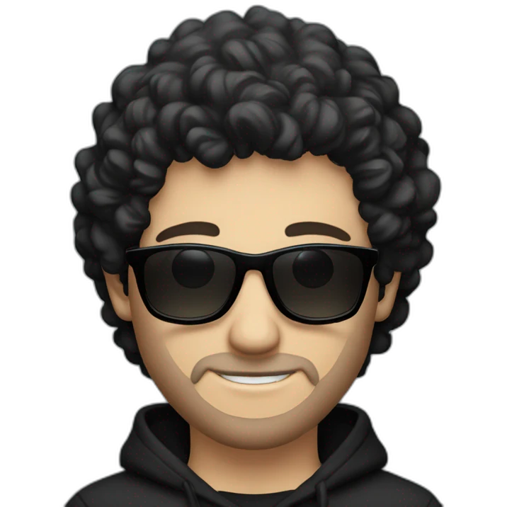 Caucasian man, no smile, with black curly hair and slight beard wearing black hoodie and black sunglasses  emoji
