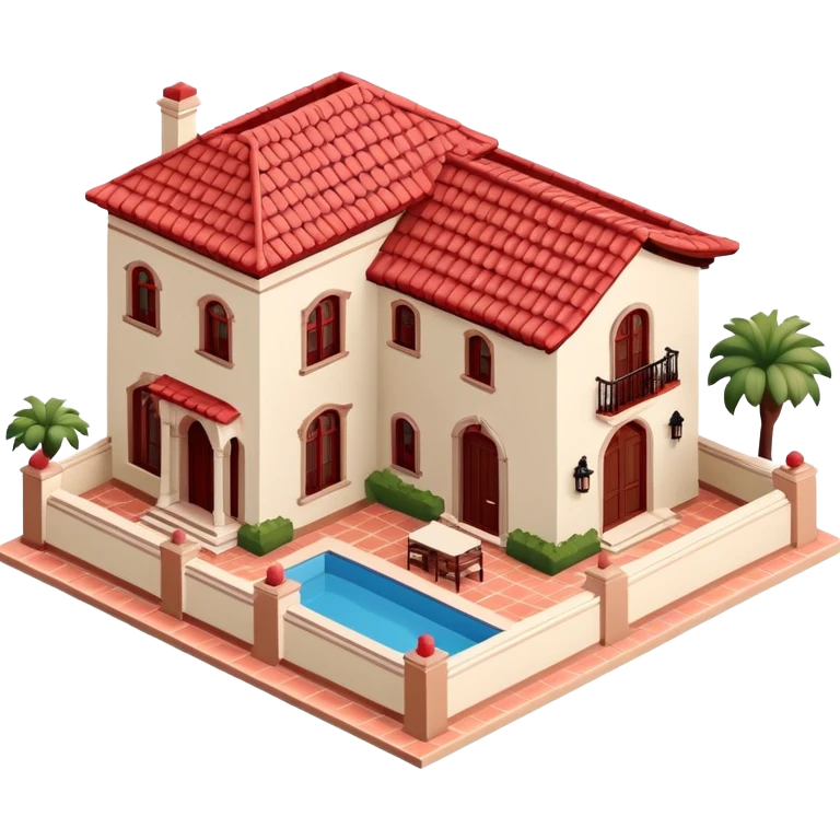 Spanish mansion, isometric dollhouse-style, realistic emoji