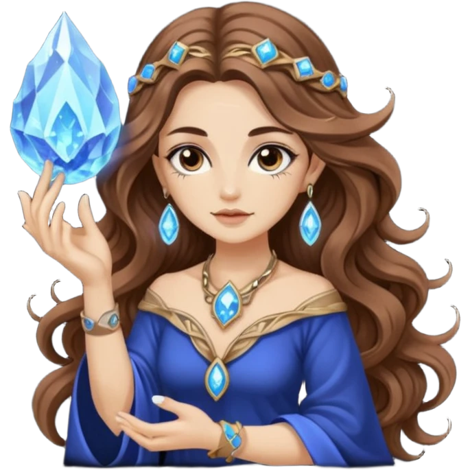 crystal moon mage woman long wavy brown hair tattoos small geode emoji