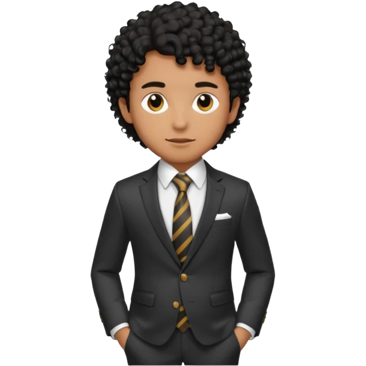 Young man, brown skin, black curly hair, tailored trousers, suit jacket, and tie

 emoji