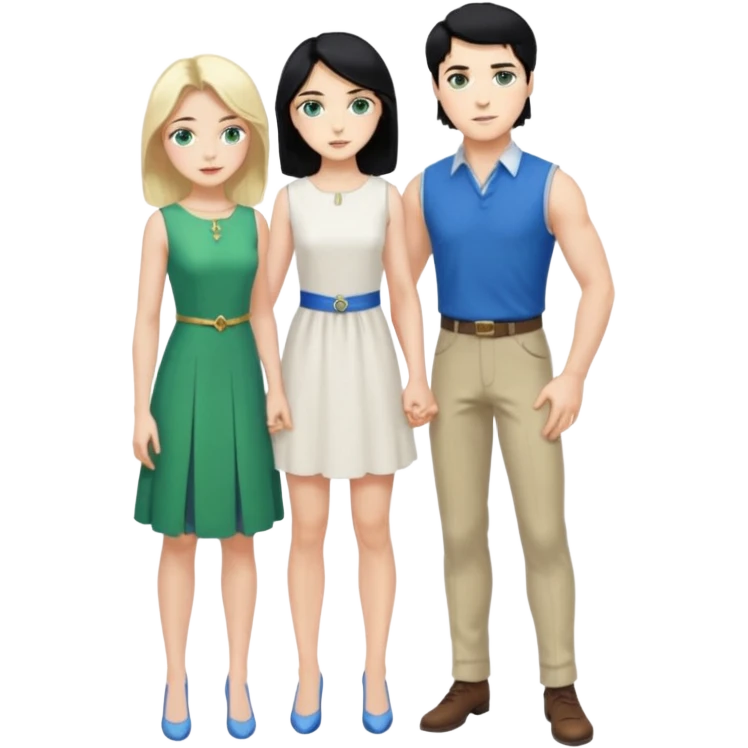 prince, standing upright, black Hair, blue eyes, garment, and woman, bending knee, sleveless white dress, blonde hair, green eyes, emoji