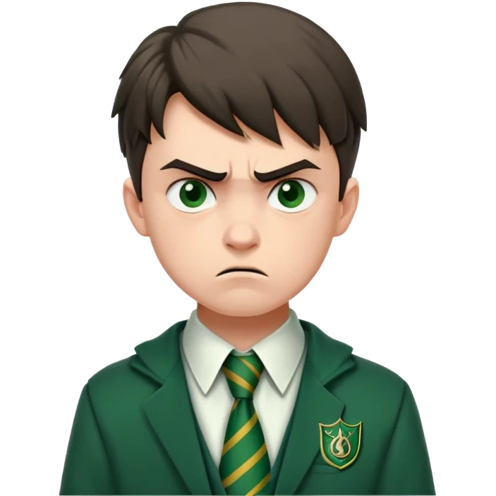 Upset angry teenage boy with scowling face wearing green Slytherin Hogwarts uniform and tie emoji