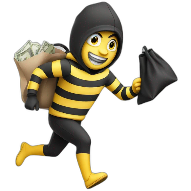 yellow thief running with bag of money, black and white striped clothes emoji