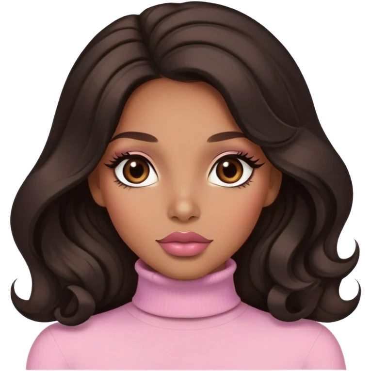 light brown skin tone, very beautiful woman, with big plump lips, long long lashes, black wavy long hair, brown eyes, light pink turtle neck emoji