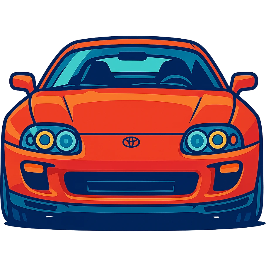 Toyota Supra MK4 front view, vibrant dynamic cartoon style, iconic headlights, aggressive stance emoji