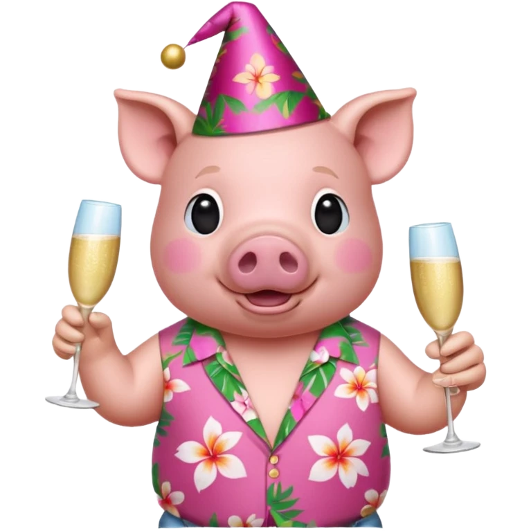 Pig with aloha shirt, birthday hat, champagne glass emoji