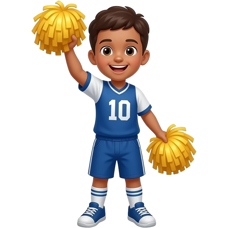 Mid complexion full body boy standing while cheeringwhile holding pom poms with one hand in the air emoji