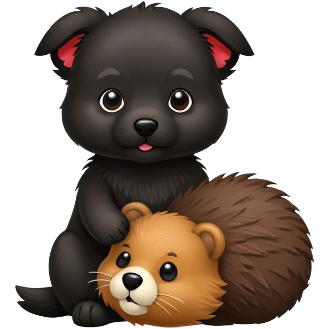 Small black dog with a toy beaver emoji