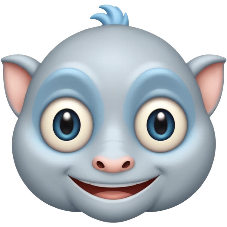 No head..it has 1 eye....stands upright ...wears clothing. is light grey and light blue..looks happy and cuddly... doesnt have a full head.... there is a appendage coming out of top of body with a single large eye emoji