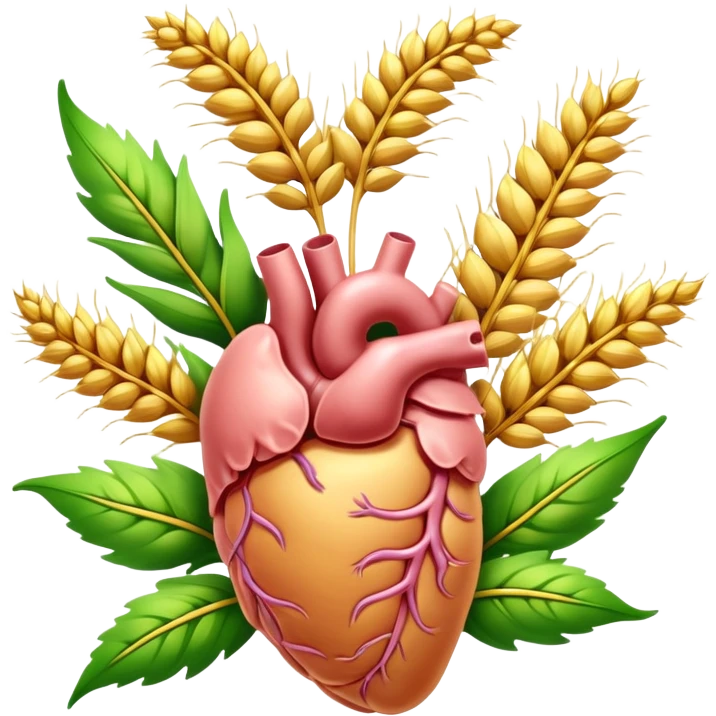 Human digestive system with esophagus, stomach, intestines, and colon, surrounded by golden wheat ears and green leaves, with glowing healing particles flowing through the digestive tract emoji