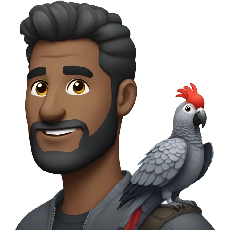 Man with dark brown pompadour hair and dark brown short beard riding on top of a giant african grey bird emoji