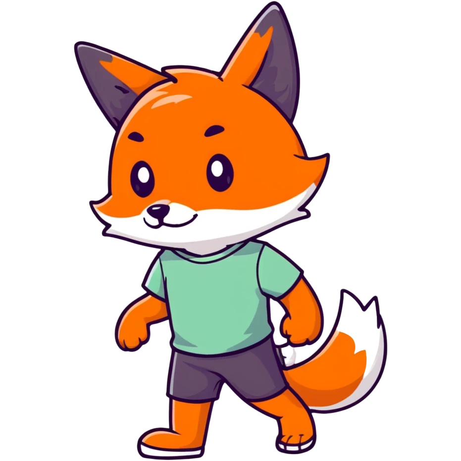 retro 1930s anthropomorphised fox in a t-shirt and shorts walking black and white emoji