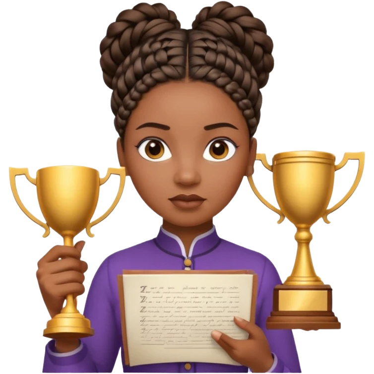 generate an emoji for this phrase, Start strong to earn trust and be noticed. End strong to be remembered. make it a black woman in braids updo looking determined with a script in hand and a trophy emoji