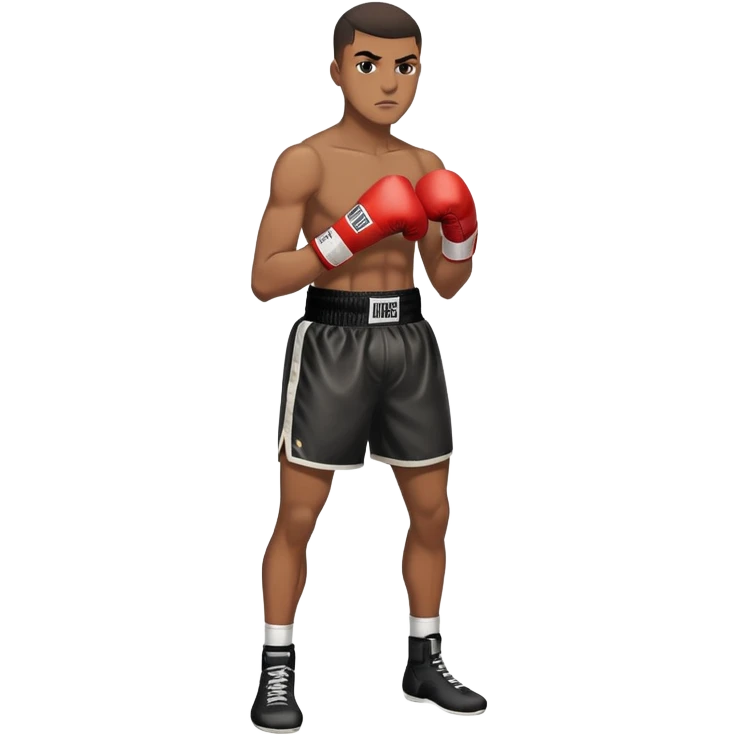 19-year-old lightweight Black male boxer in boxing stance, full body view, lean athletic build, boxing gloves, boxing shorts emoji