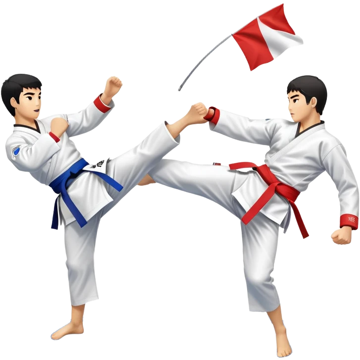 Two taekwondo fighters in a competition arena, one performing a high spinning kick towards the opponent’s head, while the other blocks with a precise guard. The background features a dynamic, bright arena with flags, emphasizing speed and agility in the martial art. Transparent background  emoji