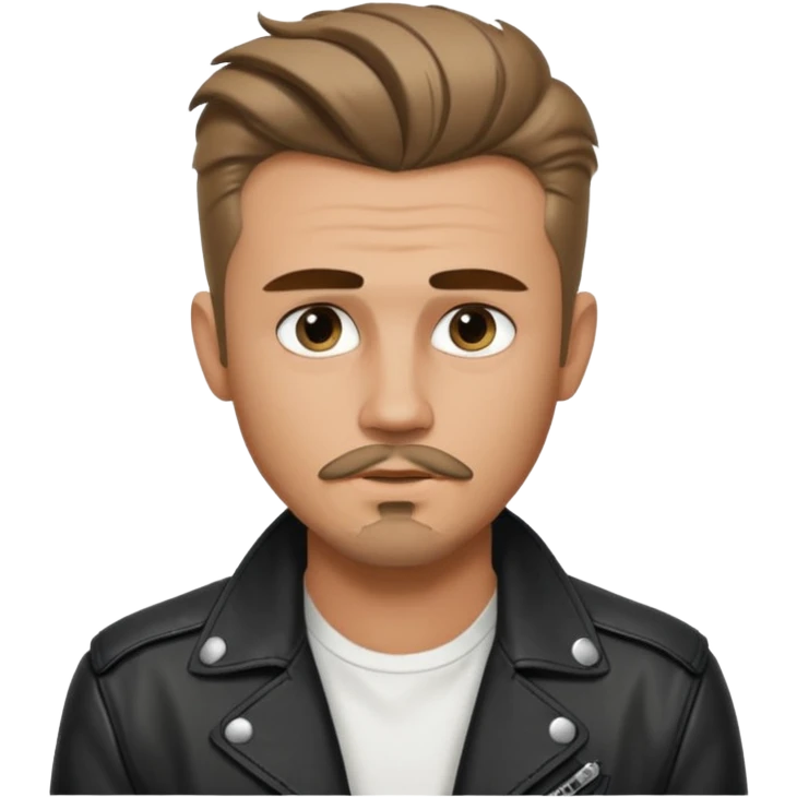 guy with slick James dean hair with front tendrils, mustache and goatee facial hair, wearing a white shirt and a black leather jacket , several silver piercings in ear emoji