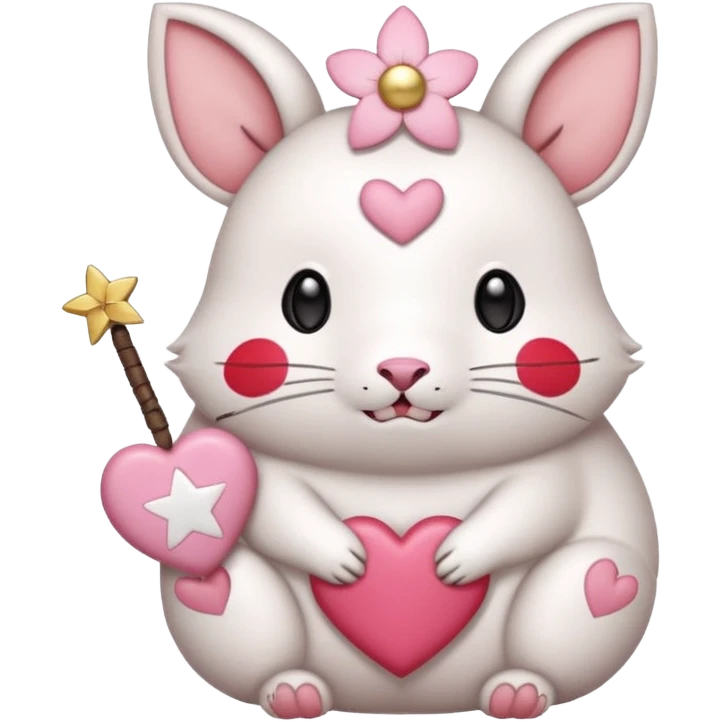 GENERATE ME A MOMONGA WHITE ANIMAL  FROM CHIIKAWA AND PUT A SAKURA FLOWER ON HIS HEAD AND A STAR PELT ON HIS BELLY AND A HEART PURSE ON HIS ARM WITH HIS FACE MAKE HIS TOUNGE STICK OUT WITH A LITTLEPINCH OFDROOL AND MAKE HIM ANIME STYLED ART emoji
