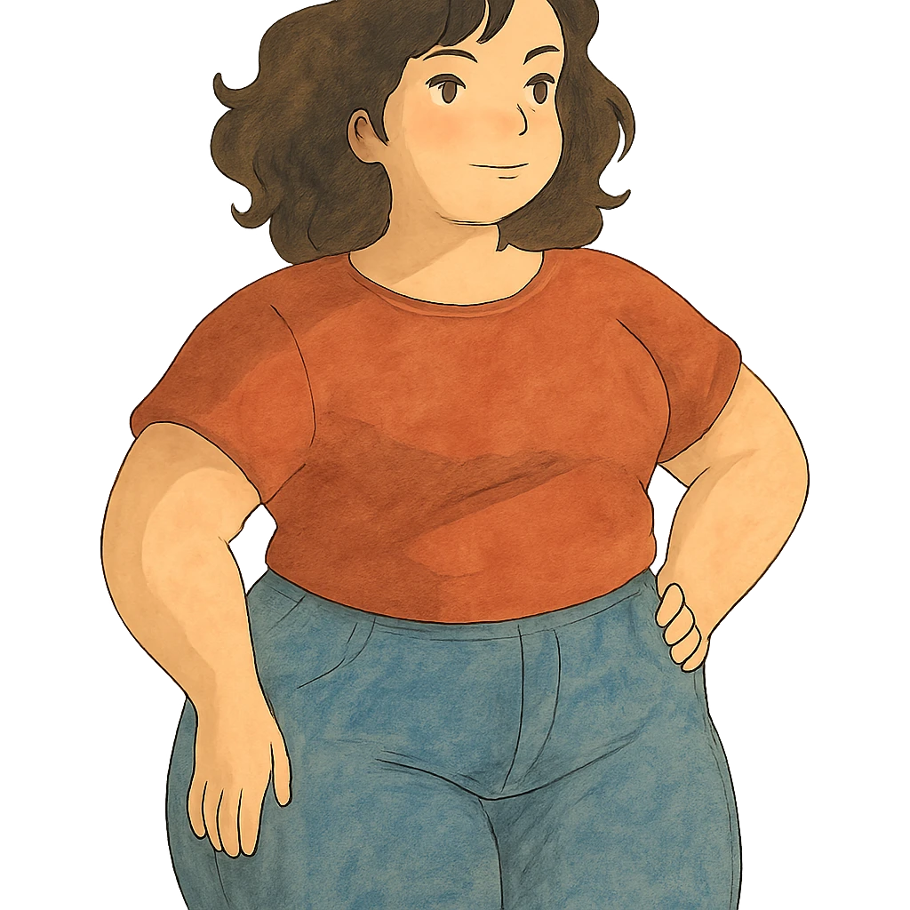 ghibli style soft and artistic illustration of a confident woman with a curvy figure emoji