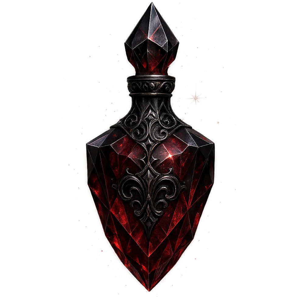 luxurious crystal elixir bottle, gothic and edgy style, dark red color, ornate black and silver details, very sharp facets, extra magical glowing and sparkling effects, very small neck, seamless bottom, transparent background, bottle clearly floating in air, no base or shadow, modern, collection style emoji