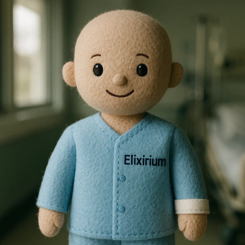 Add the text 'Elixirium' as a clear label on the pajamas of the 3D figurine. Keep the style minimalist and professional, with the #6fe8f3 pajamas and hospital wristband. Make sure the text is readable and fits naturally on the clothing. emoji