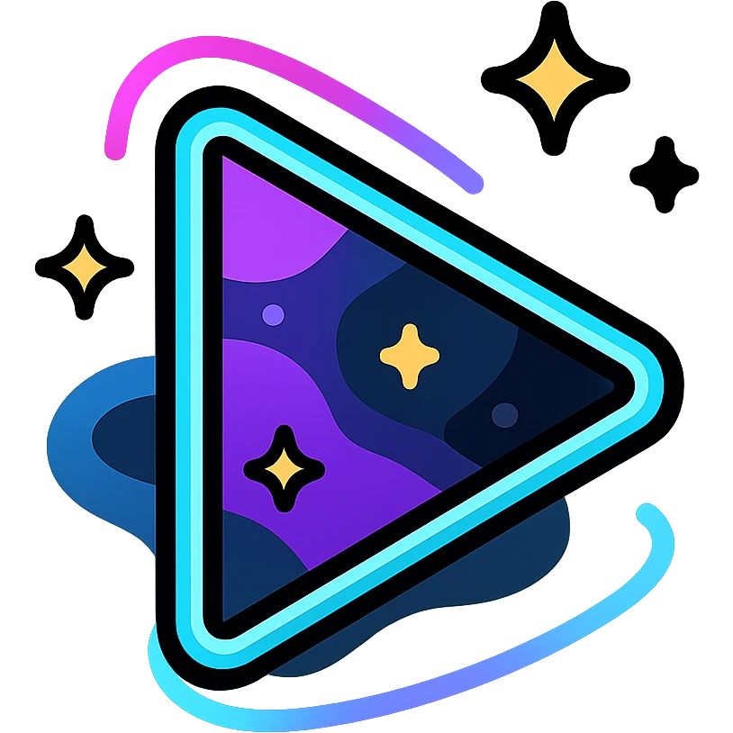 triángulo de reproducir con nebulosa púrpura y azul oscuro, estrellas brillantes, borde de neón cian o rosa, efecto animado de resplandor y movimiento galáctico emoji