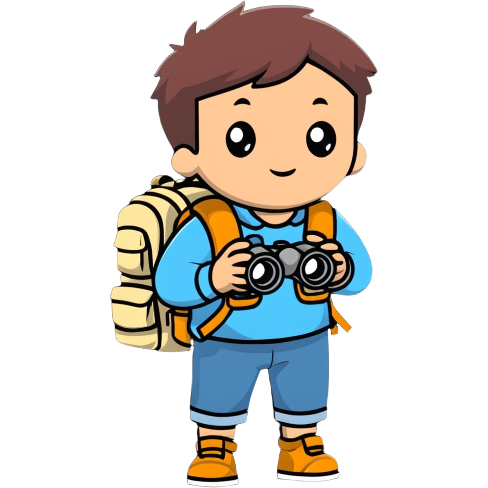 young explorer kid with backpack and binoculars emoji