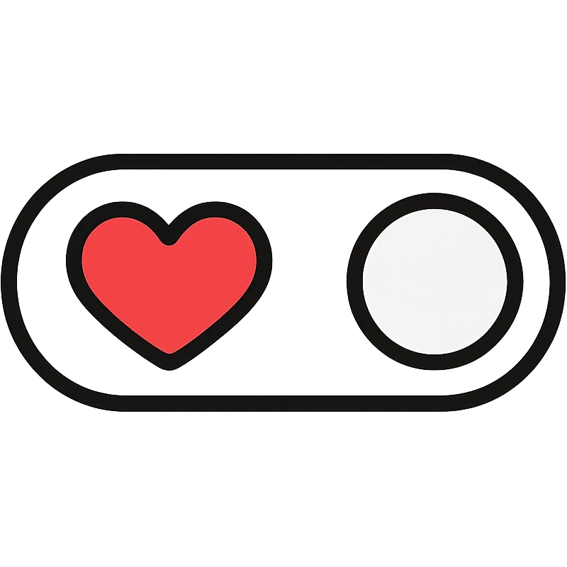 minimalist toggle switch on white background with a large bright red heart on the left and a light gray circle on the right representing the movable part of the switch in off position, rounded shapes, sober colors except vivid red heart, clean and modern design emoji