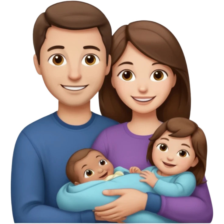 "Woman with long brown hair and fair skin holding a baby girl. And man with short brown hair and fair skin, without a mustache, holding a child. Smiling." emoji