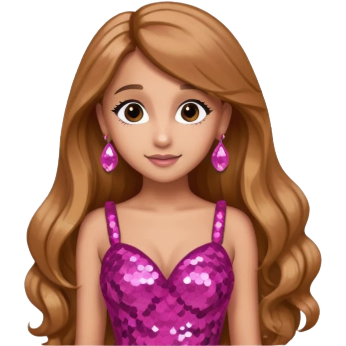 Ariana Grande with long golden brown hair, dark pink sequin dress, pink earrings emoji