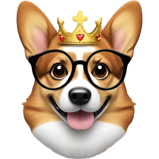 Tri-colored-corgi with round glasses and a crown  emoji