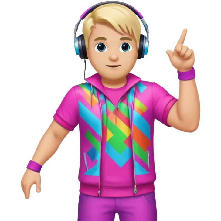 blond big man in colorful dj outfit pointing sideways emoji