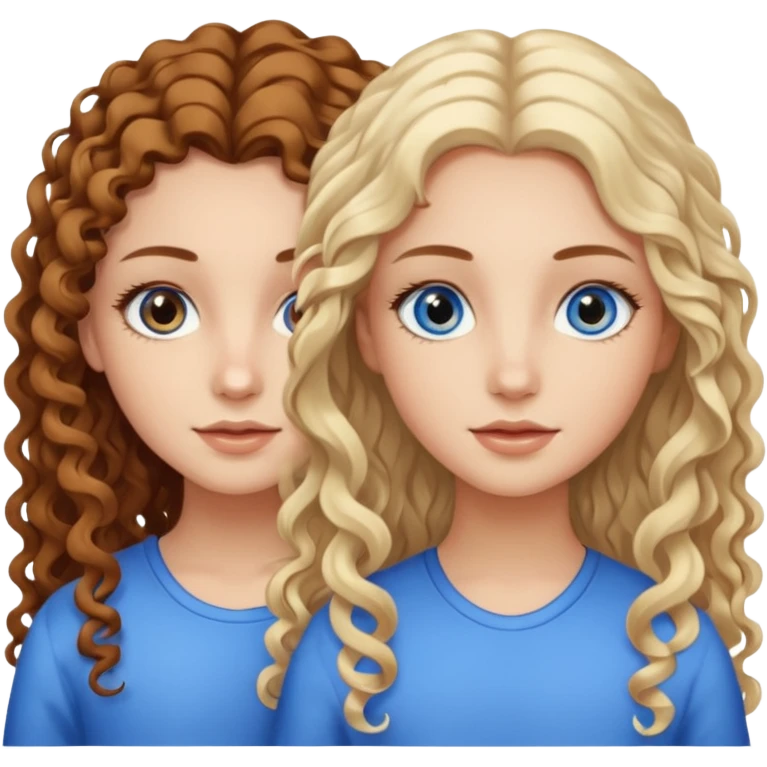 Twin sisters, one has brown eyes, long curly brown hair, the other one has blue eyes and straight blond hair emoji