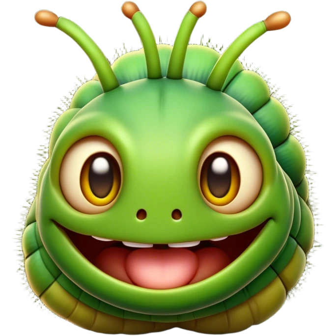 Cinematic Realistic Comical Caterpillar Portrait Emoji, Head tilted dramatically with an exaggeratedly amused expression, featuring a strikingly detailed segmented body in vibrant green with bold natural banding and wide, expressive eyes full of playful disbelief, rendered with lifelike texture and vivid natural colors, high shine, dramatic yet playful, styled with an air of cheeky garden mischief, soft glowing outline, capturing the essence of a spirited and over‐the‐top caterpillar that looks ready to wiggle its way into viral fame! emoji