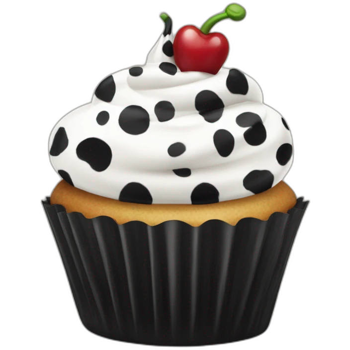 Happy cupcake with black and white cow spots emoji