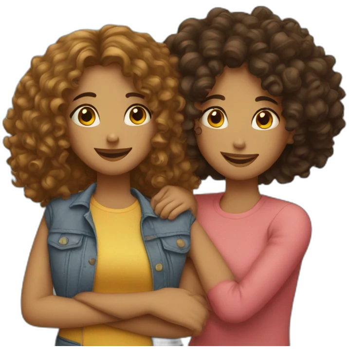 two friends girls with curly hair hugging emoji