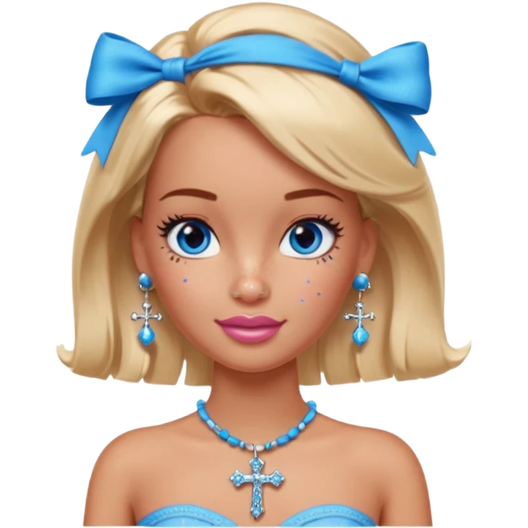 Barbie emoji with earrings and nose piercings and a cross necklace and blue eyes with bow in hair and tube top and long lashes with freckles  emoji