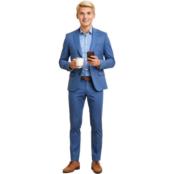 Confident and outgoing male entrepreneur, Caucasian features, short blonde hair, big friendly smile, expressive eyes, wearing a blue blazer over a light blue shirt, dark trousers and brown shoes, holding a smartphone in one hand and a coffee cup in the other, standing pose, full-body, front-facing emoji