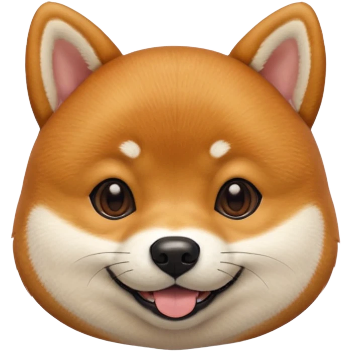 Head of a Shiba Inu dog, in orange-brown fur with white muzzle and cheeks, round face, big black eyes, perky ears, grinning with closed mouth, no tongue, front-facing, glossy texture, soft shadows
 emoji