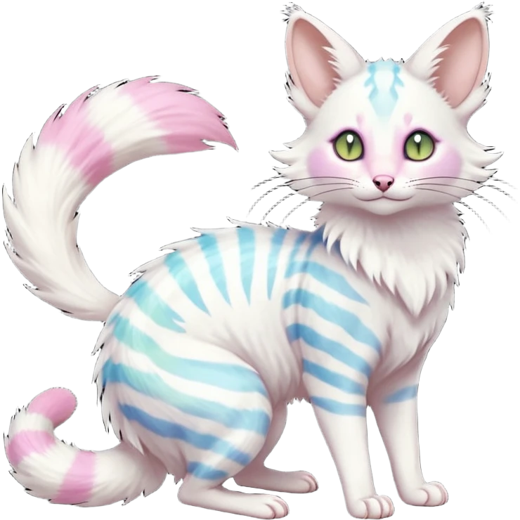  cute adorable white albino fur with random colorful iridescent markings beautiful elegant pretty precious cute  Fakémon-Pokémon-alien-opossum-feline-serval-caracal-chinchilla-Minccino-hybrid-creature with a big fluffy bushy striped tail (full body) emoji