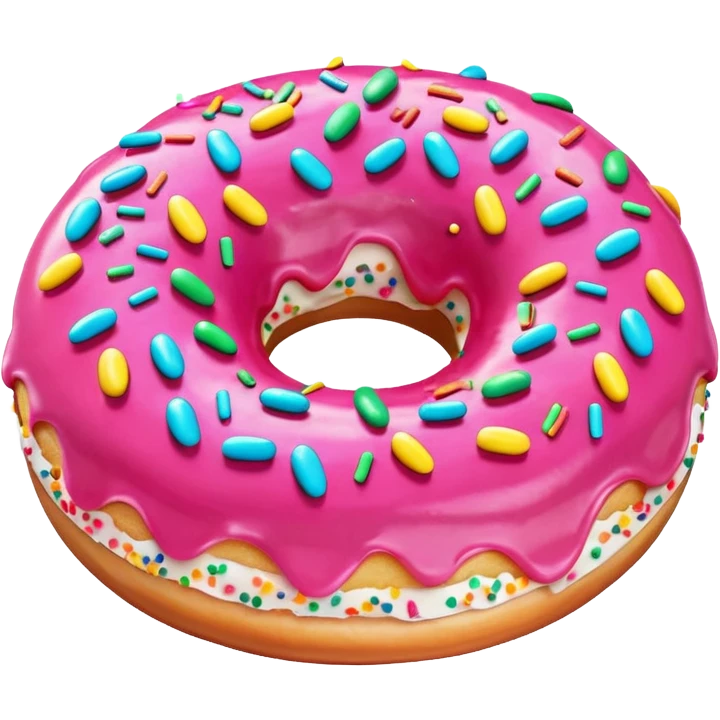 playful donut emoji with pink icing and colorful sprinkles, slight side perspective emoji