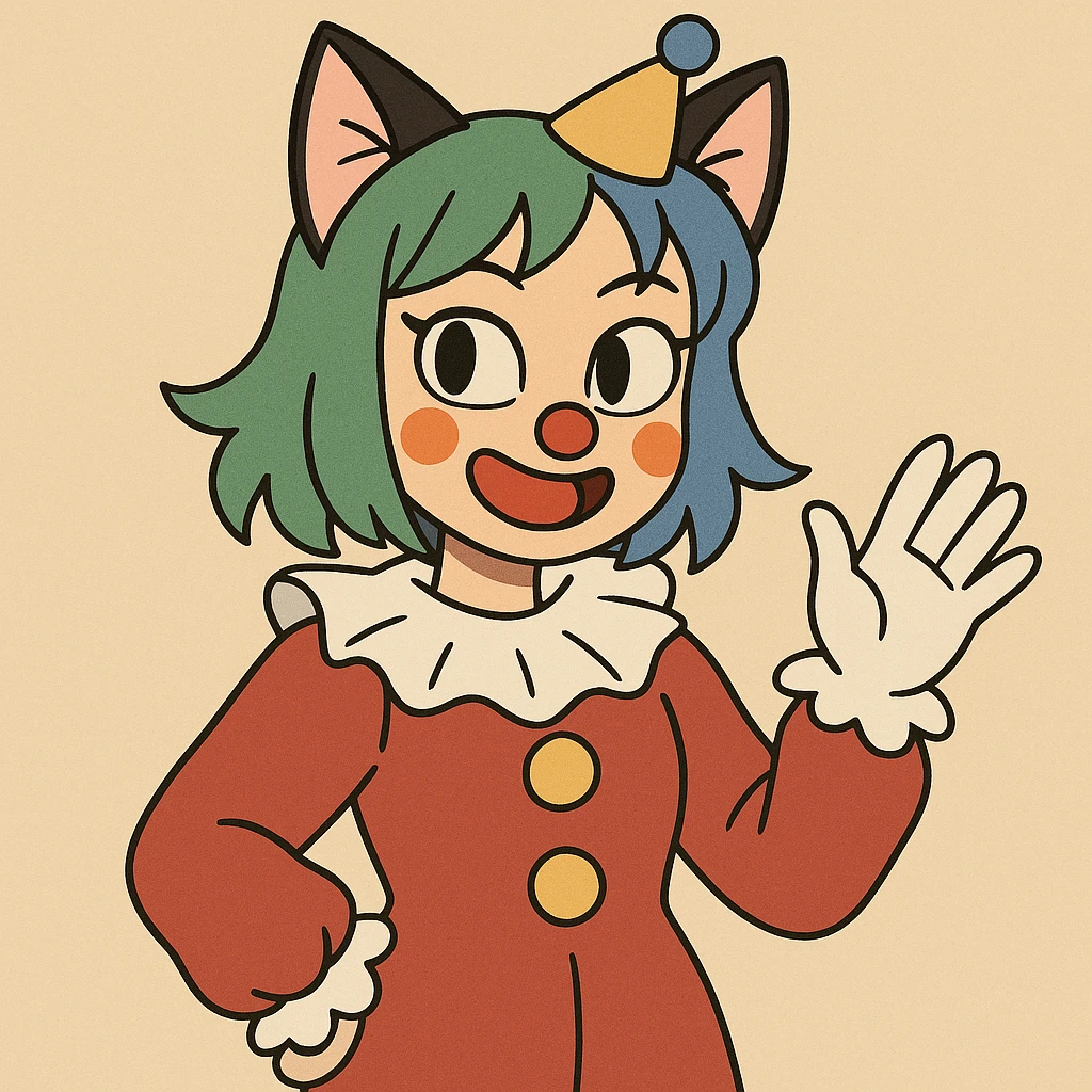asian girl with cat ears, dressed like a clown, green and blue colored hair, anime-inspired style emoji