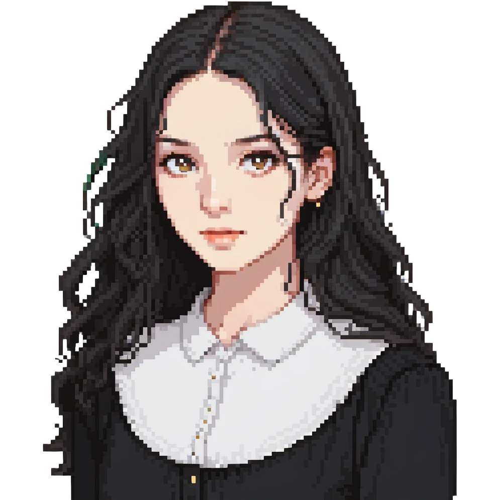 white woman with rounded brown eyes, long black hair, black blouse emoji