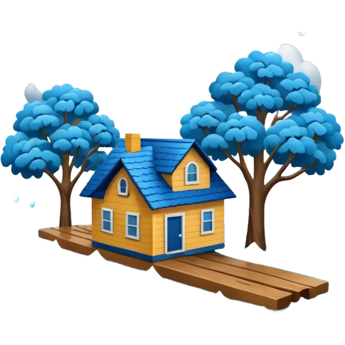 showing a flood disaster scene with powerful blue water waves carrying floating tree branches and wood pieces, small houses partially submerged, dark storm clouds above, heavy rain, realistic yet simple and clean emoji-style design emoji