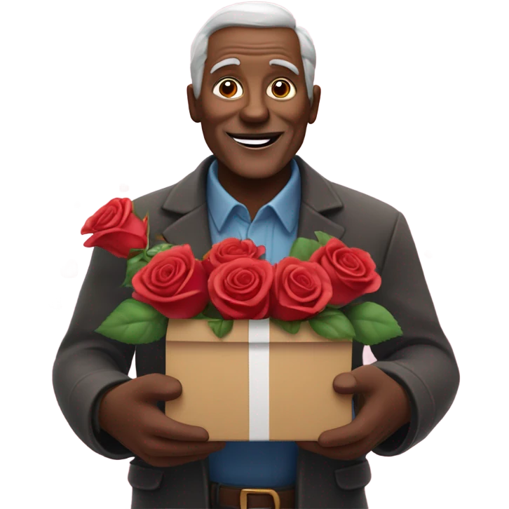 Older Man with roses and chocolates and flying hearts emoji
